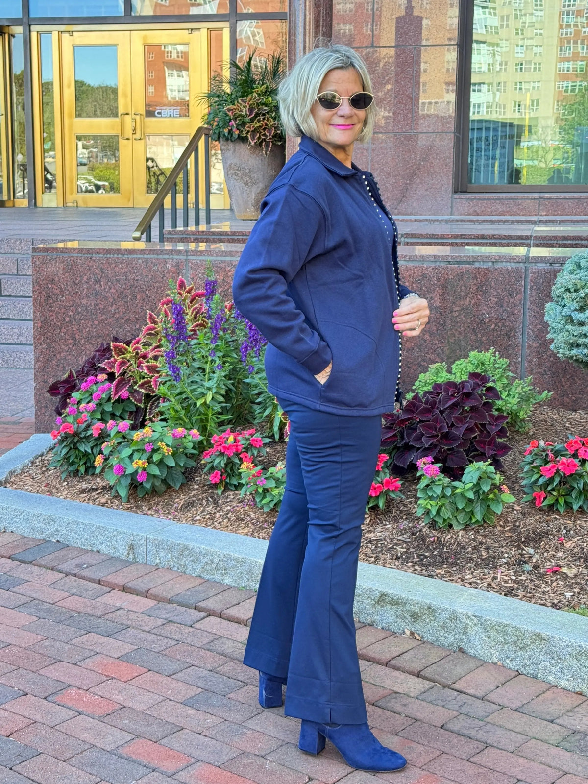 Crystal Zipper Cardigan with Collar Navy