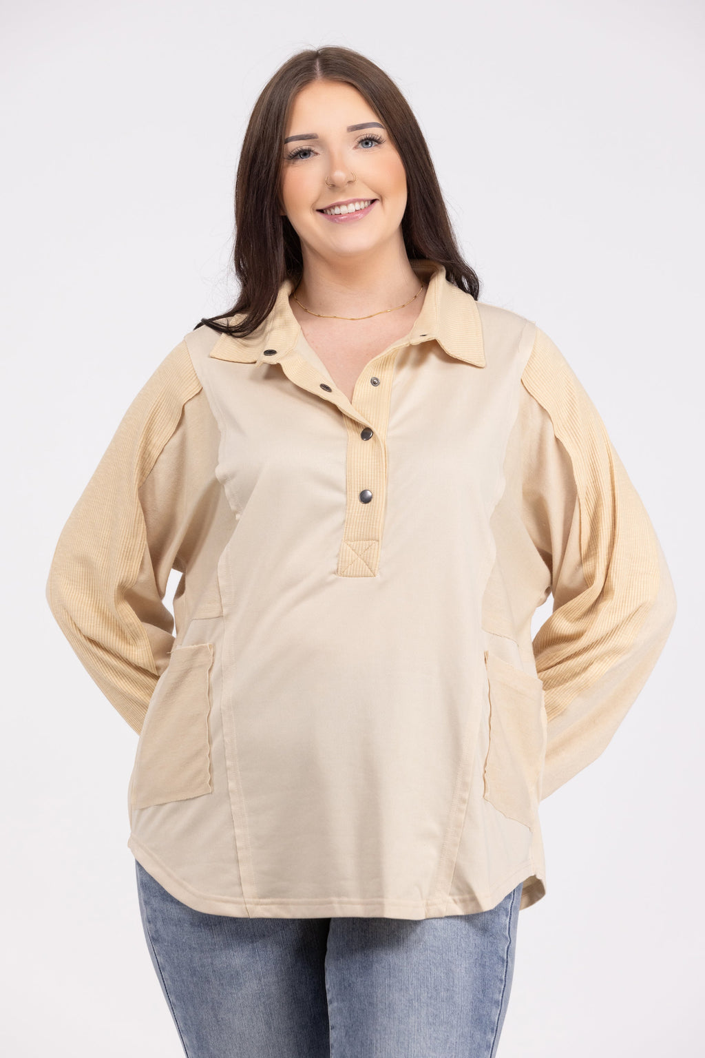 Pocketful Of Contrast Women's 1/2 Button Down Long Sleeve Top