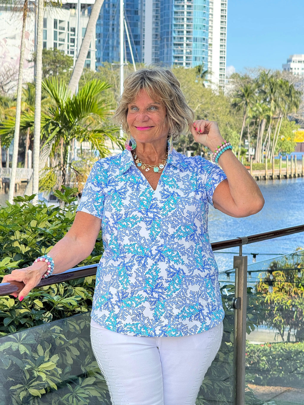 LULU B CORAL BREEZE SHORT SLEEVE V-NECK COLLAR TOP