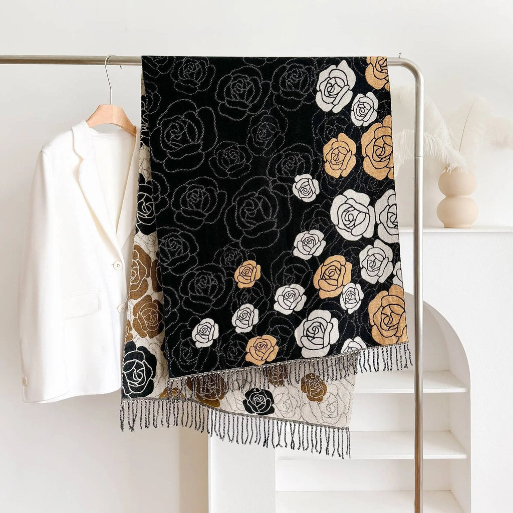 Black / White Rambling Rose Reversible Wrap