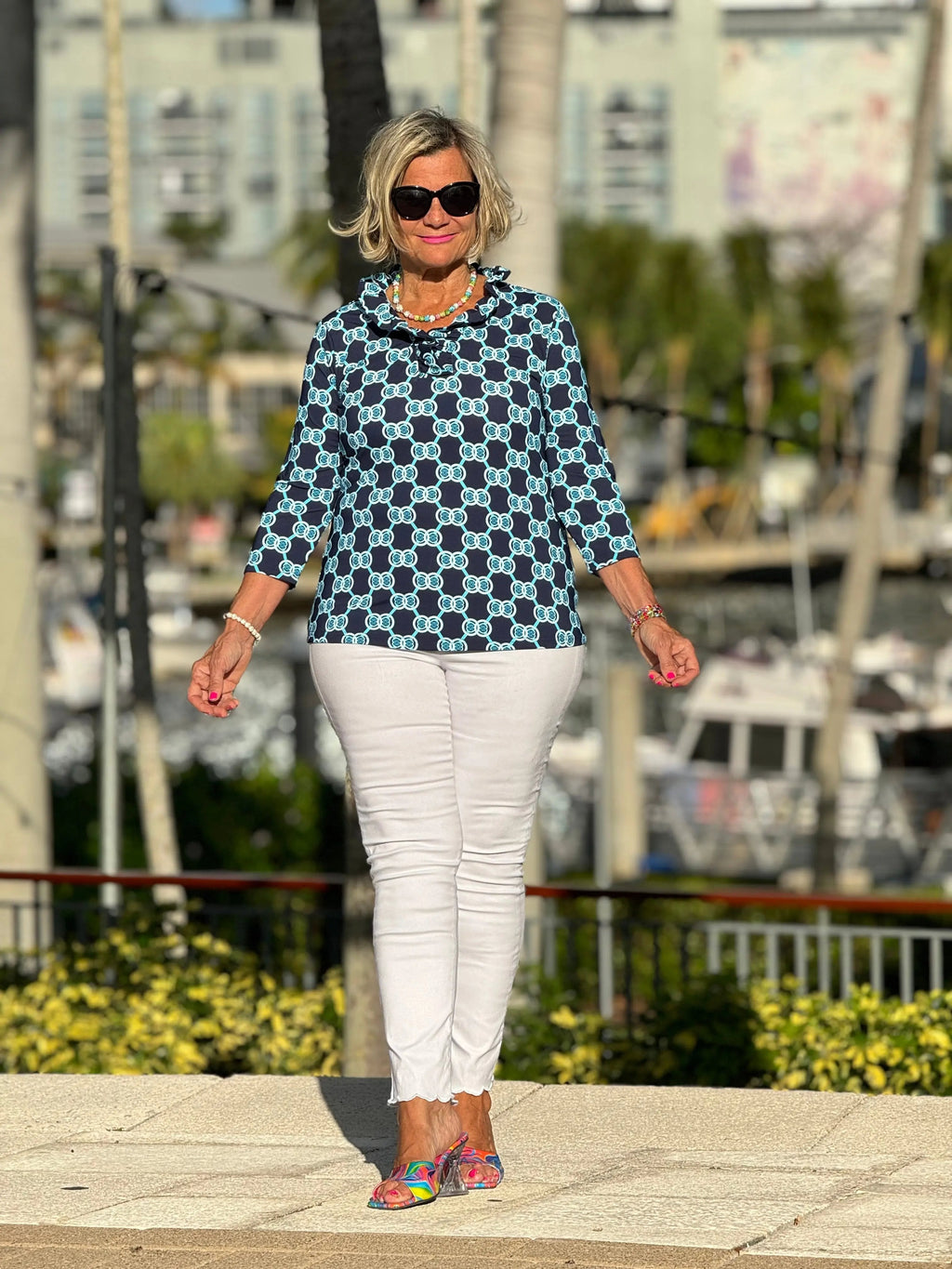 BLUE MEDALLION RUFFLE SLEEVE TOP