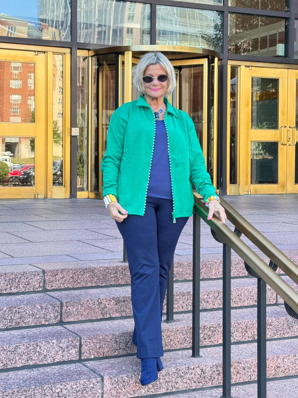 Crystal Zipper Cardigan with Collar Kelly Green