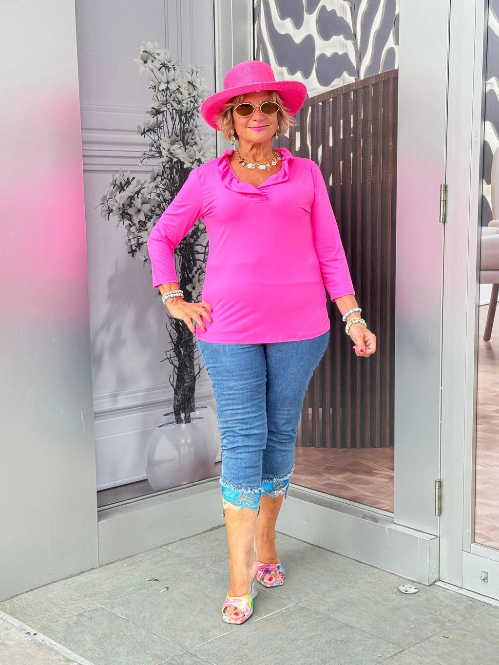 HOT PINK 3/25 SLEEVE RUFFLE TOP