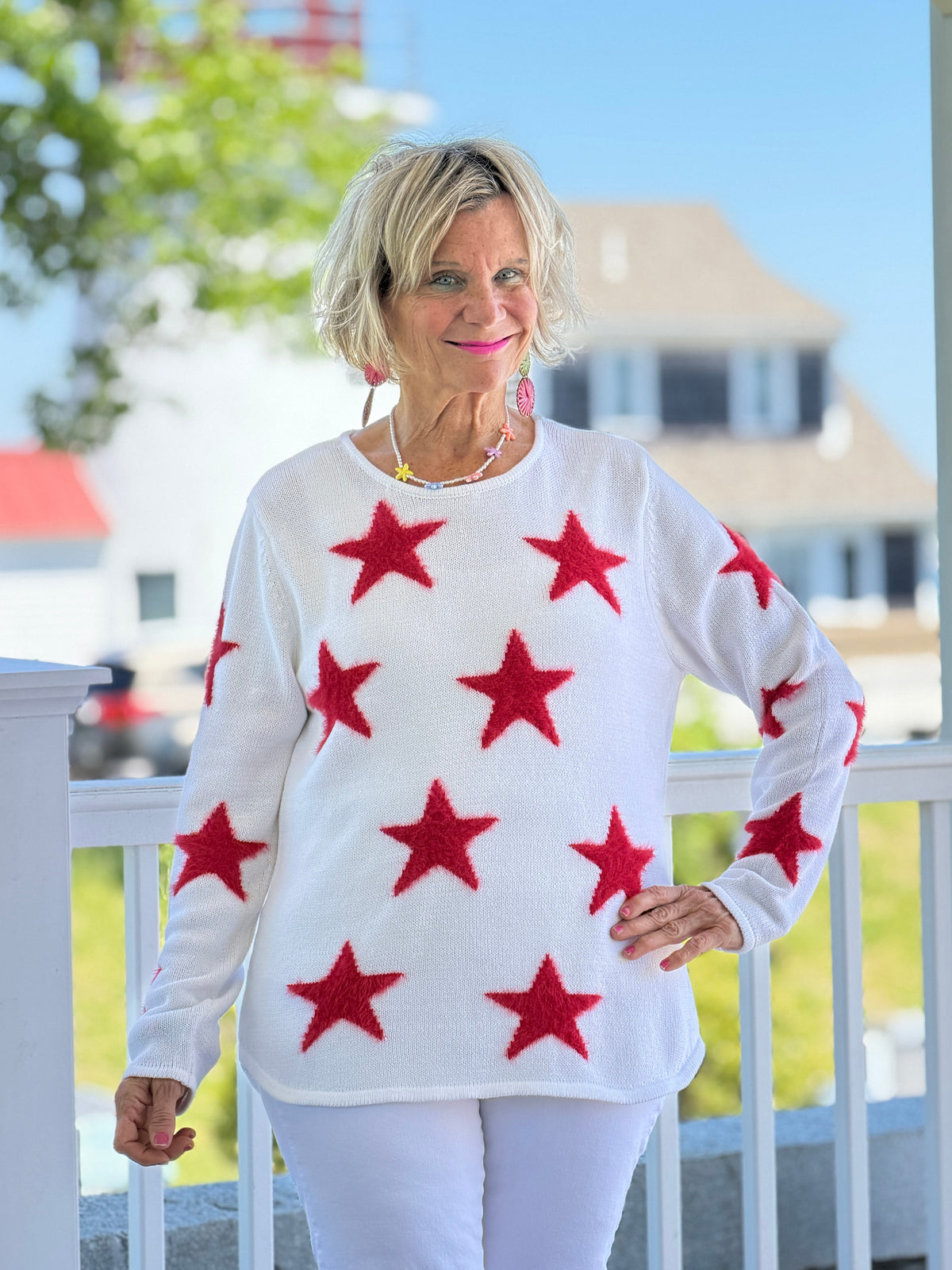LULU B DOCKSIDE WHITE RED STAR FUZZY SWEATER