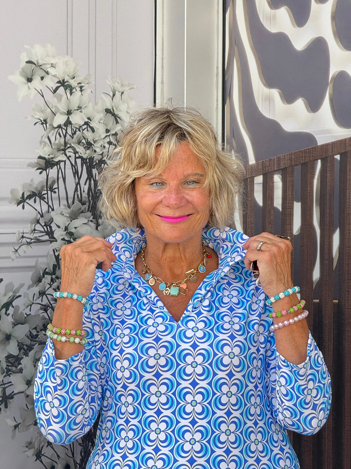 LULU B COASTAL BLOOM 3/4 SLEEVE V-NECK COLLAR SHIRT