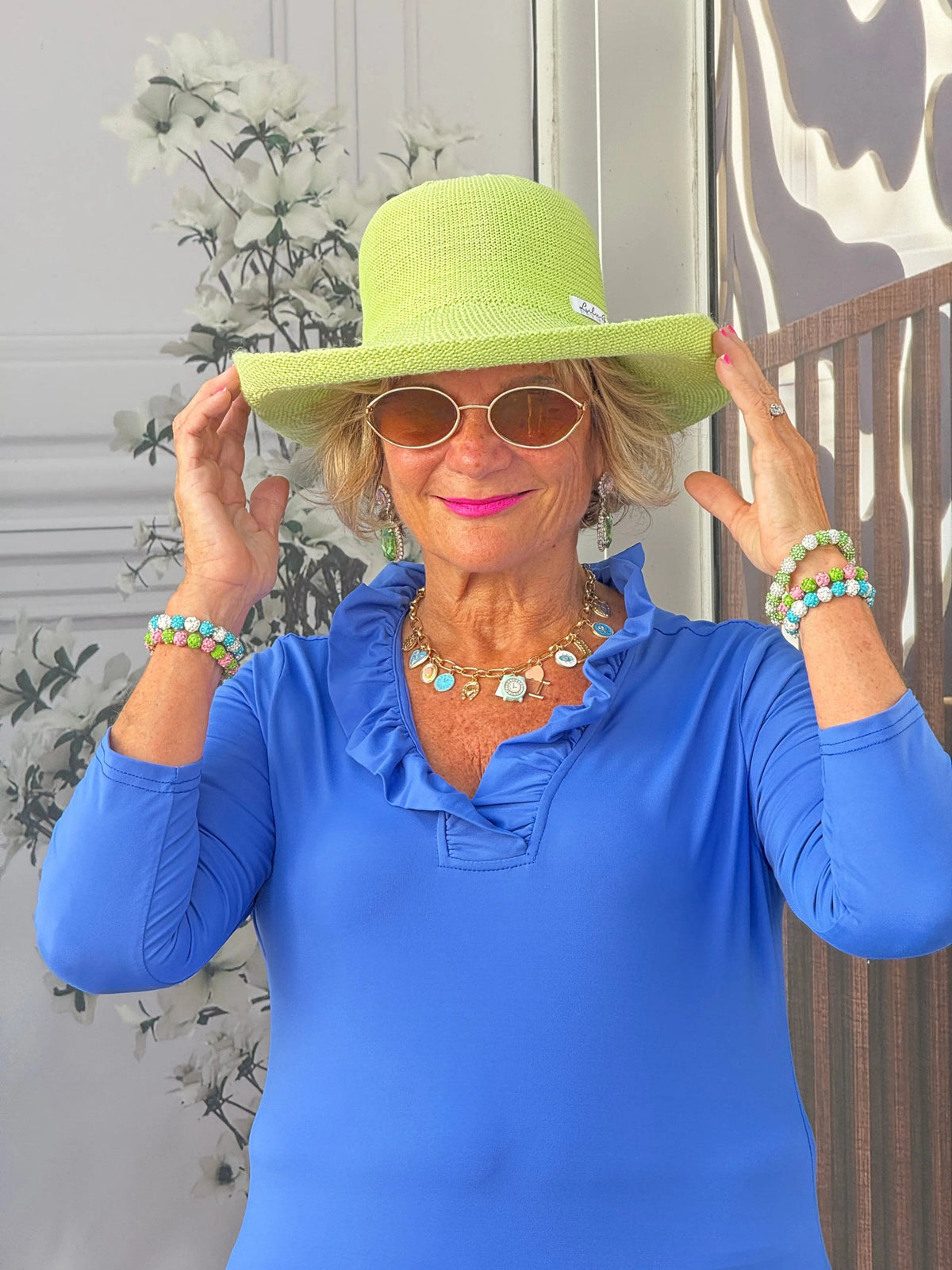 BLUE 3/25 SLEEVE RUFFLE TOP
