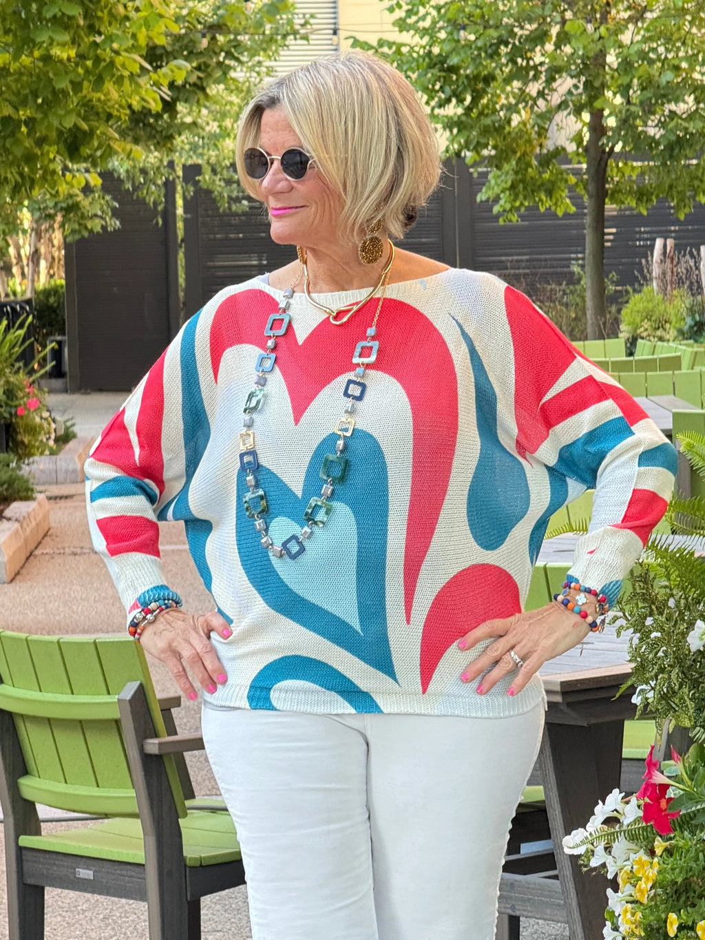 Beige Heart Round Knit Printed Sweater