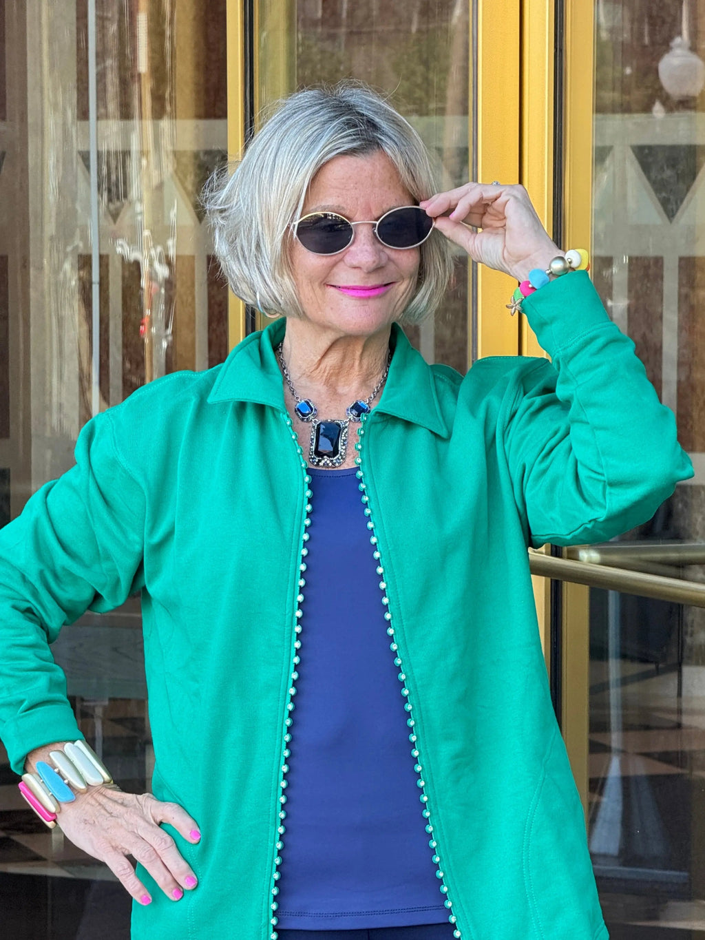 Crystal Zipper Cardigan with Collar Kelly Green