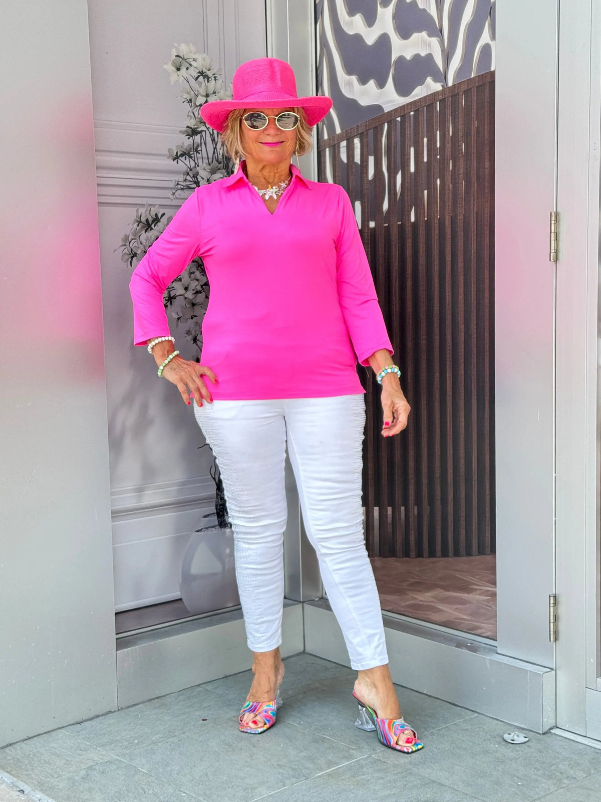 LULU-B SOLID HOT PINK COLLAR SLEEVE TOP