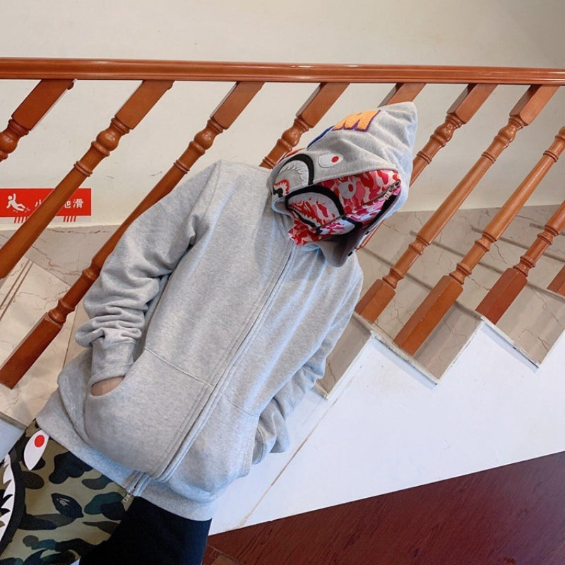 Bathing Ape Hoodie Shark Double Hat Embroidered Zip Sweater Casual Loose Hooded Jacket
