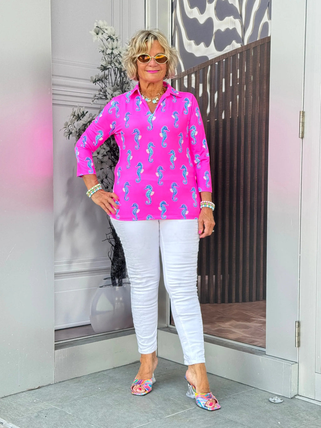LULU B SEAHORSE BAY 3/4 SLEEVE V-NECK COLLAR SHIRT