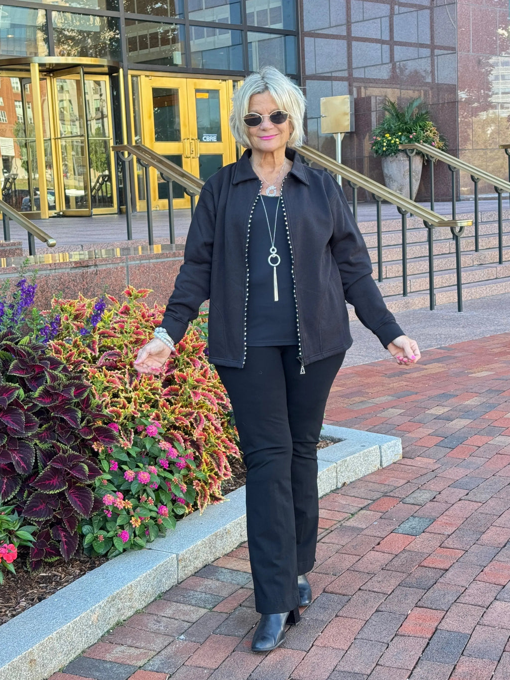 Crystal Zipper Cardigan with Collar Black