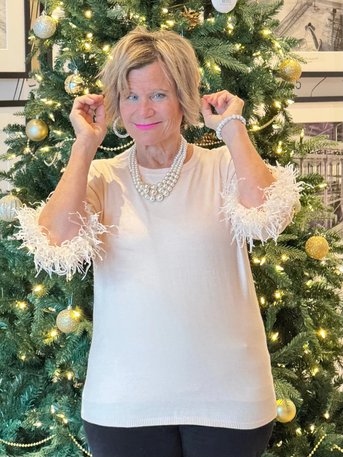 LULU-B BLUSH CASHMERE FANCY FRINGE TOP