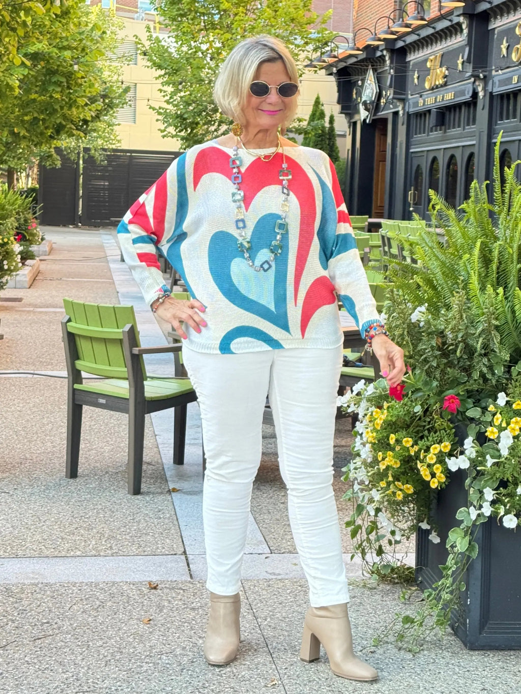 Beige Heart Round Knit Printed Sweater