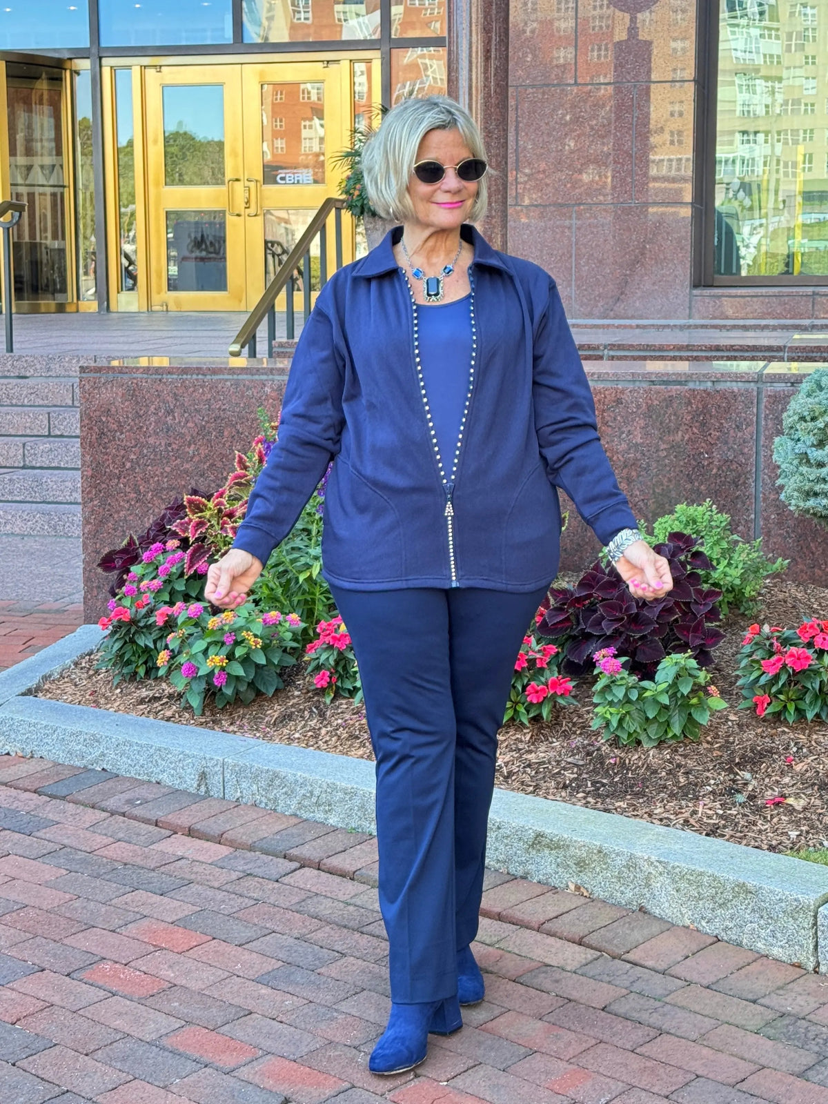 Crystal Zipper Cardigan with Collar Navy