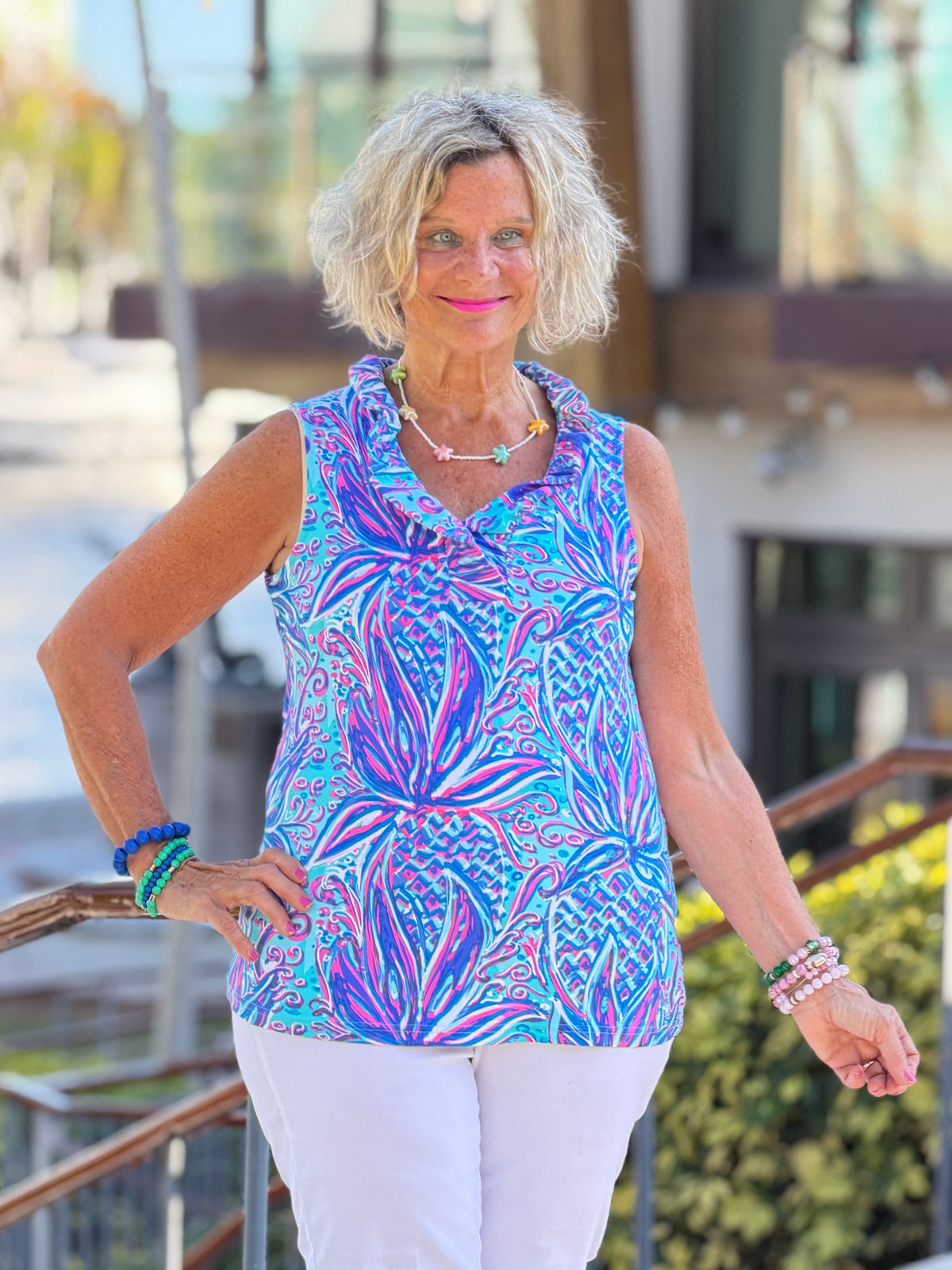 LULU B PALM ROYALE SLEEVELESS RUFFLE TOP