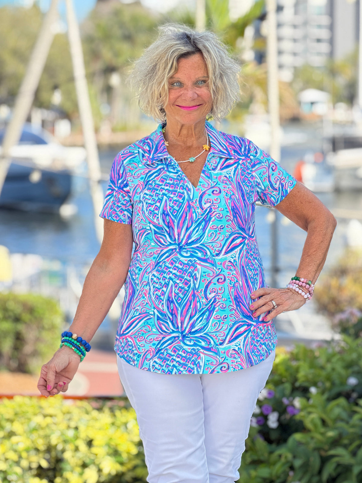 LULU B PALM ROYALE SHORT SLEEVE COLLAR TOP