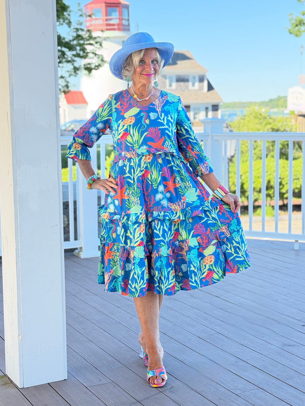 CORAL GARDEN RUFFLE V Neck DRESS