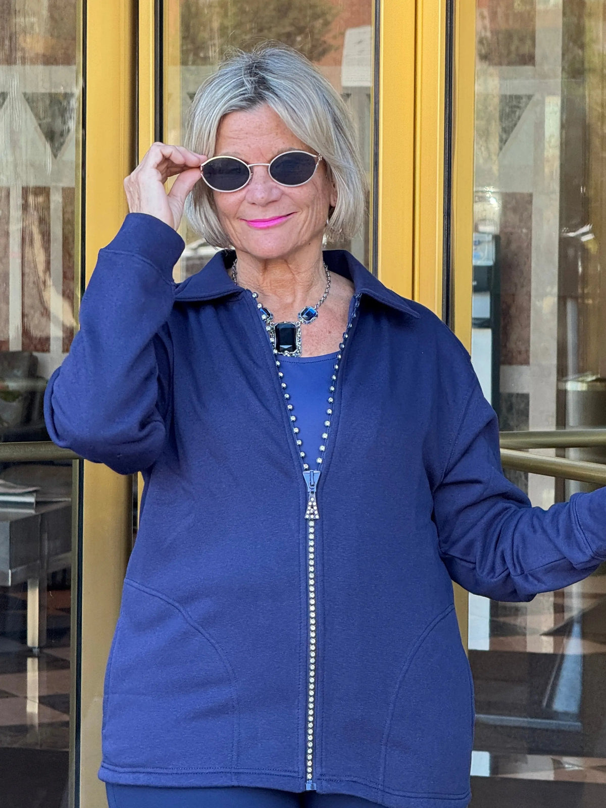 Crystal Zipper Cardigan with Collar Navy