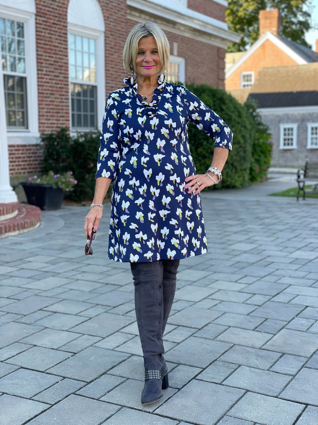 LULU-B RUFFLE NAVY DREAMING RUFFLE NECK DRESS