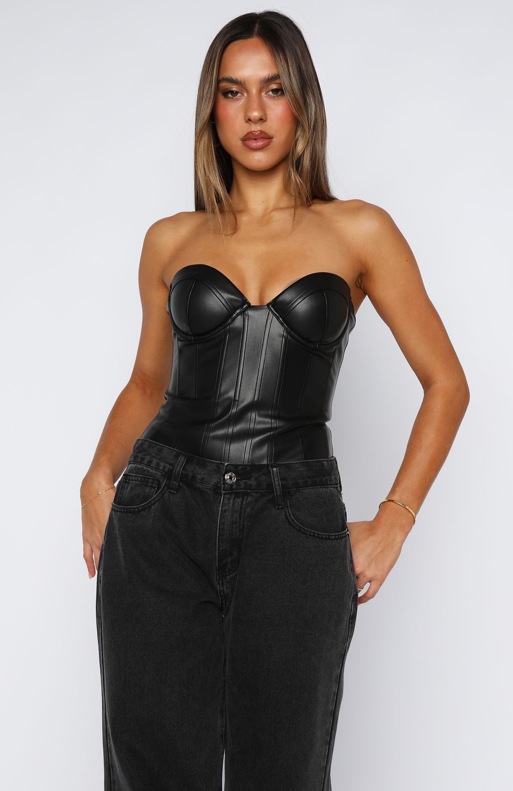 Honestly I Do Strapless PU Bodysuit Black