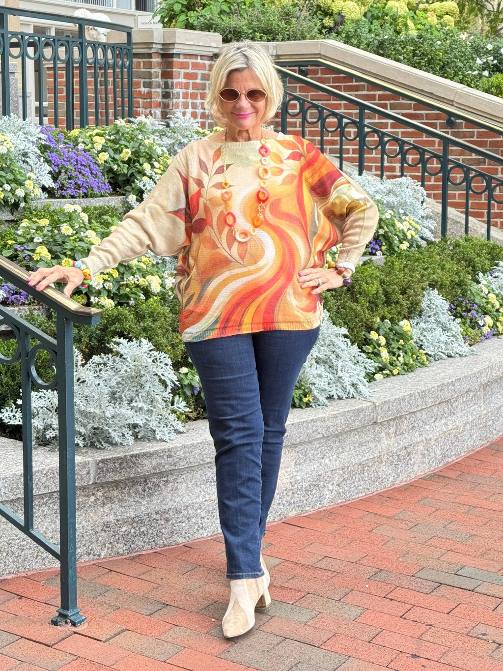 Cream Fall Leaves Round Neck Knit Printed Sweater