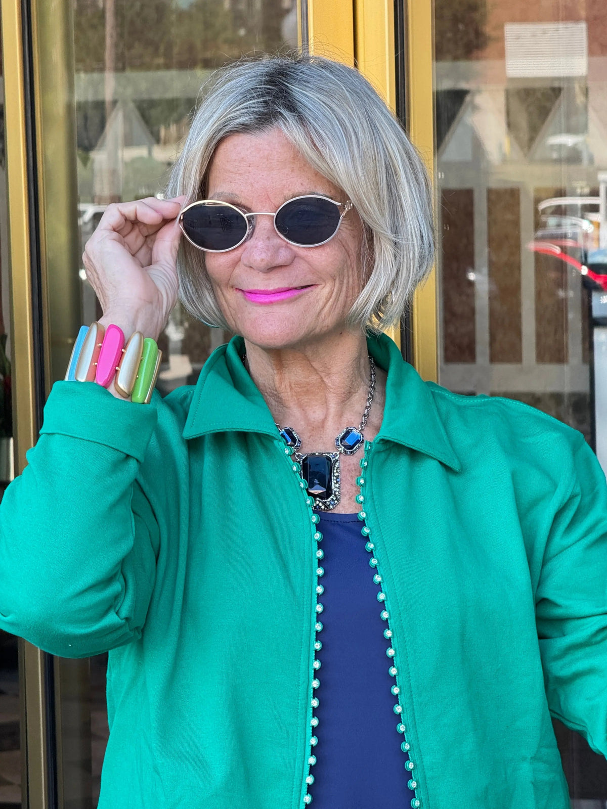 Crystal Zipper Cardigan with Collar Kelly Green