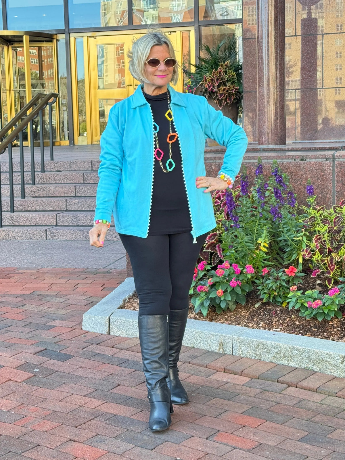 Crystal Zipper Cardigan with Collar Aqua