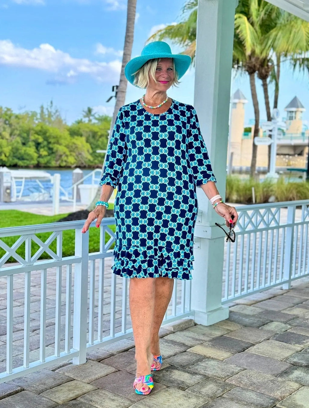 BLUE MEDALLION RUFFLE SLEEVE DRESS