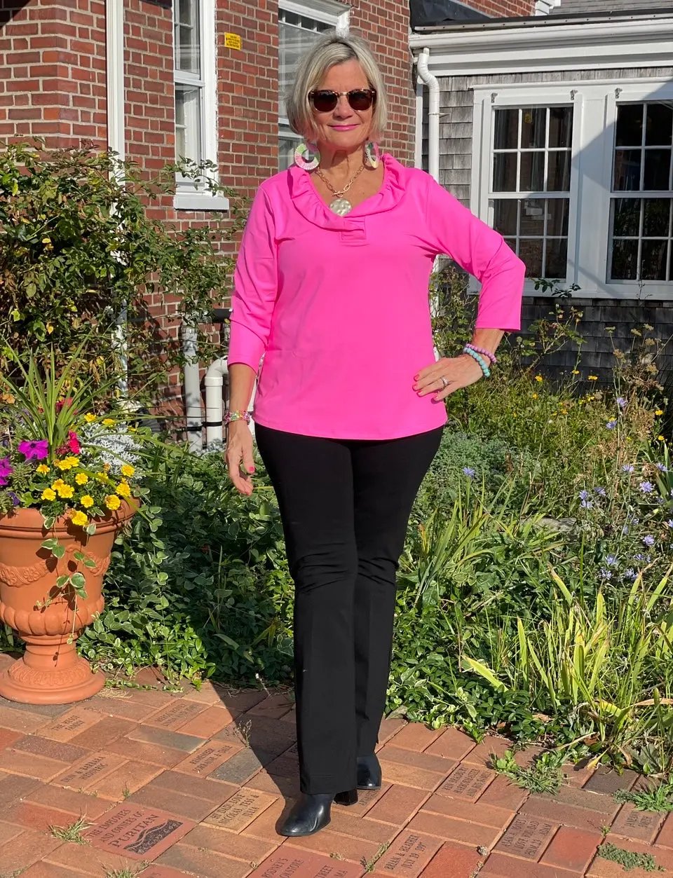 LULU-B HOT PINK SOLID RUFFFLE TOP