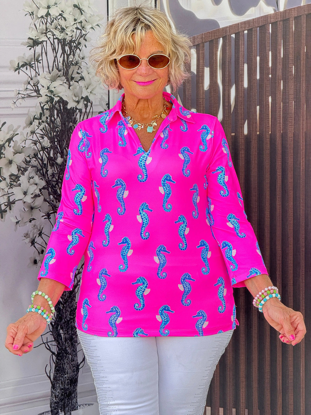 LULU B SEAHORSE BAY 3/4 SLEEVE V-NECK COLLAR SHIRT