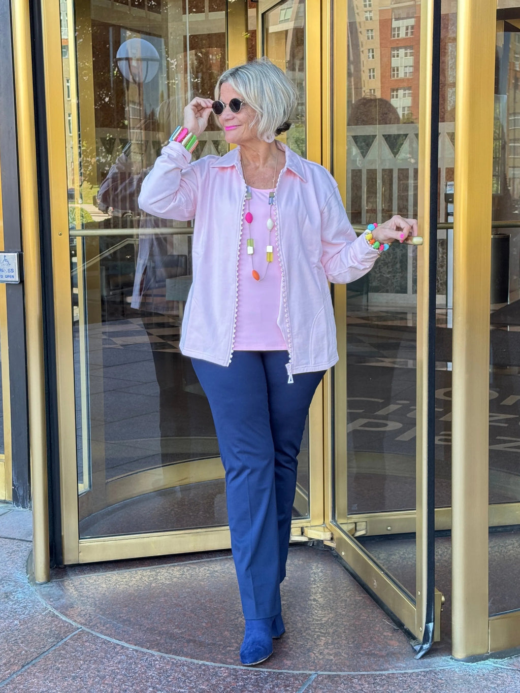 Crystal Zipper Cardigan with Collar Pink