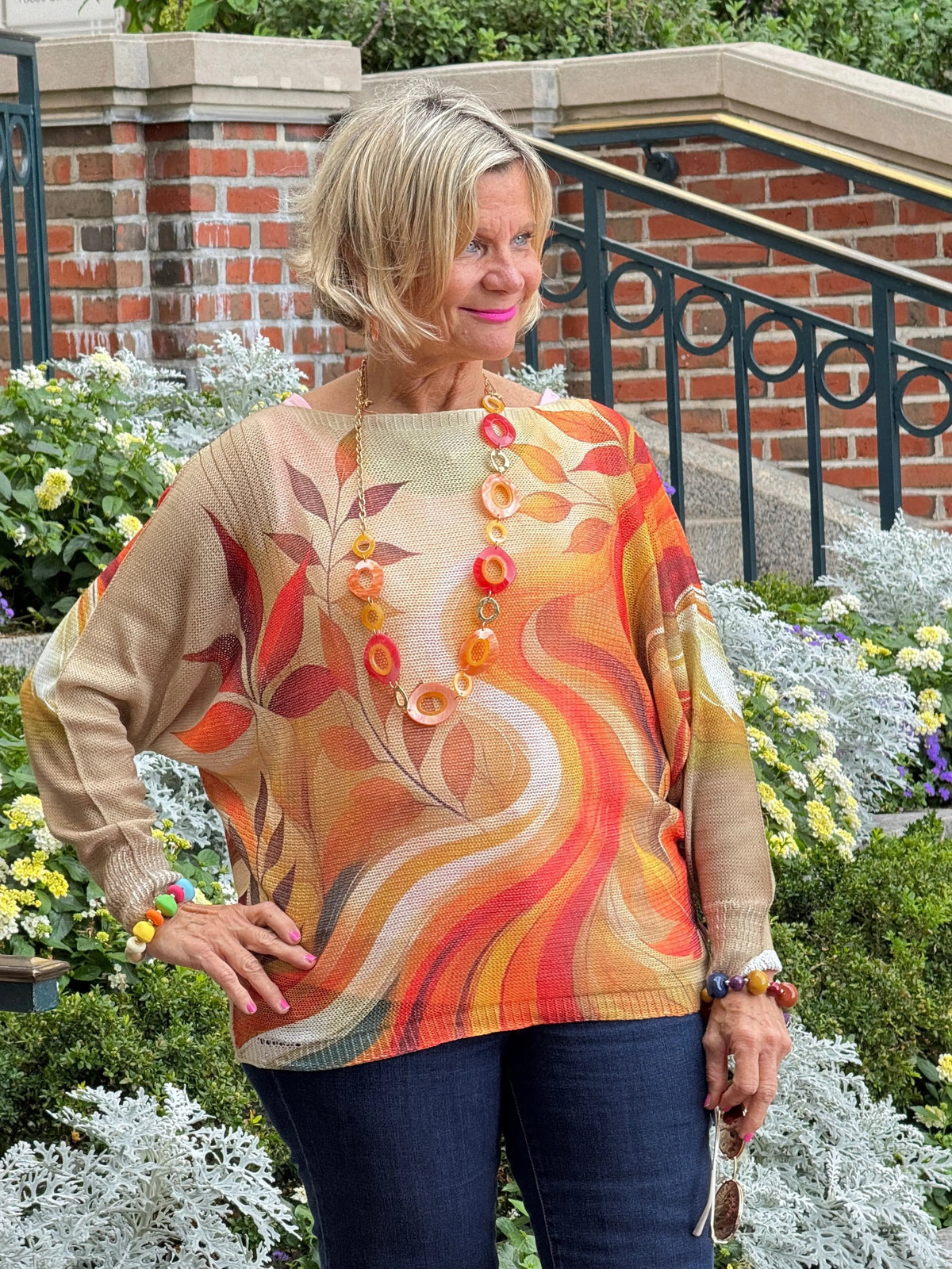 Cream Fall Leaves Round Neck Knit Printed Sweater