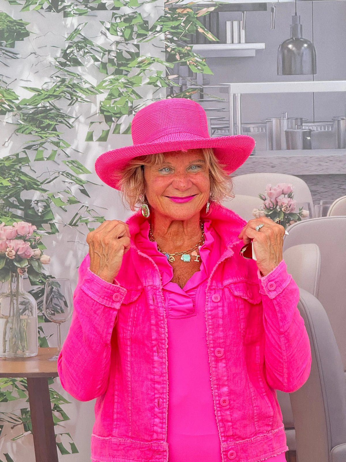 HOT PINK 3/25 SLEEVE RUFFLE TOP