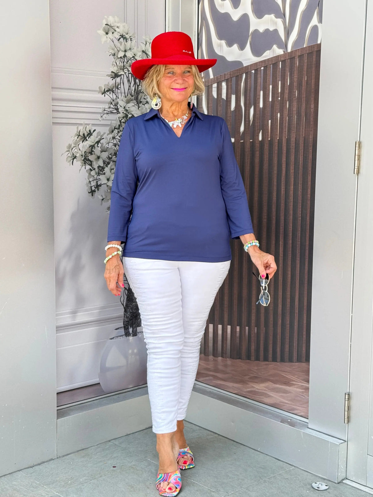 LULU-B SOLID NAVY COLLAR SLEEVE TOP