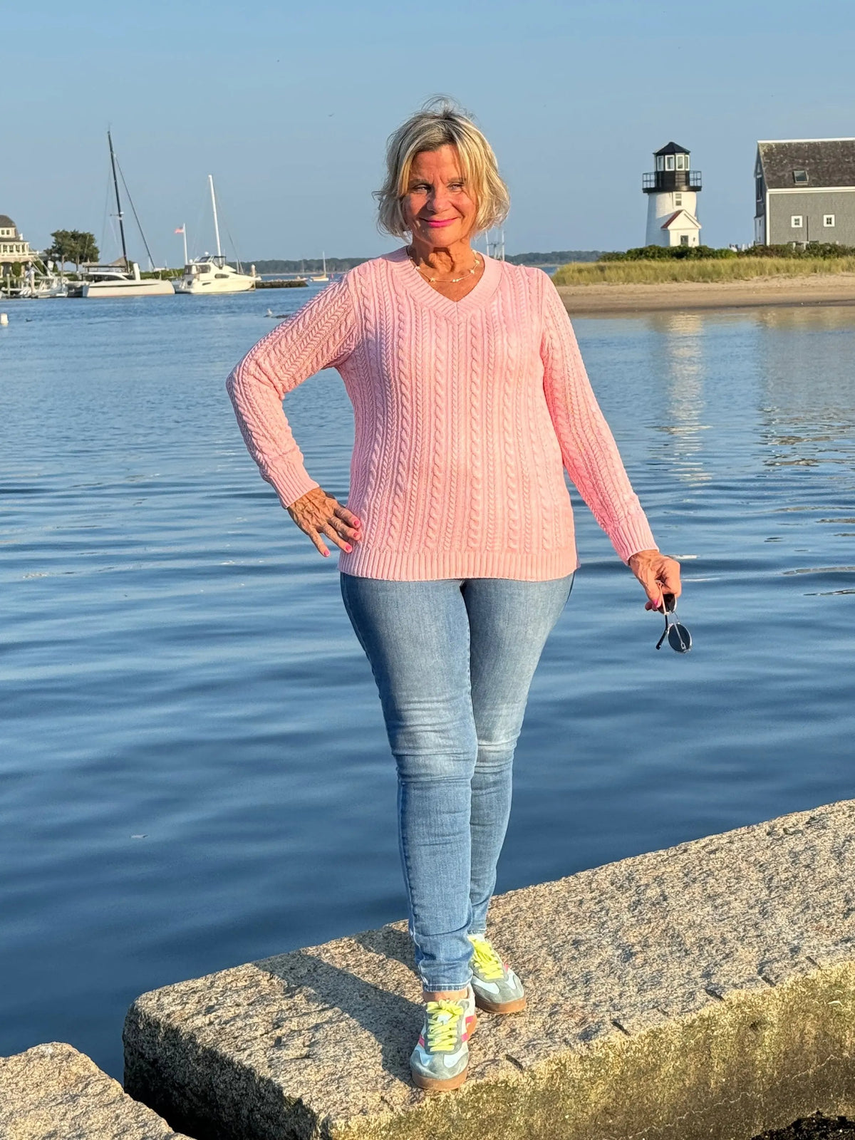 Cable-Knit Cotton PINK  V-Neck Sweater