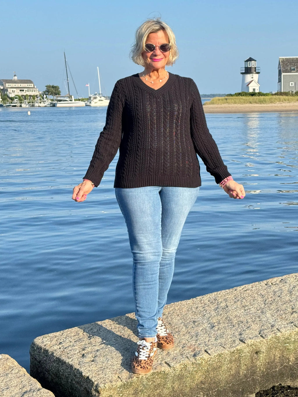 LULU-B CABLE BLACK V NECK SWEATER