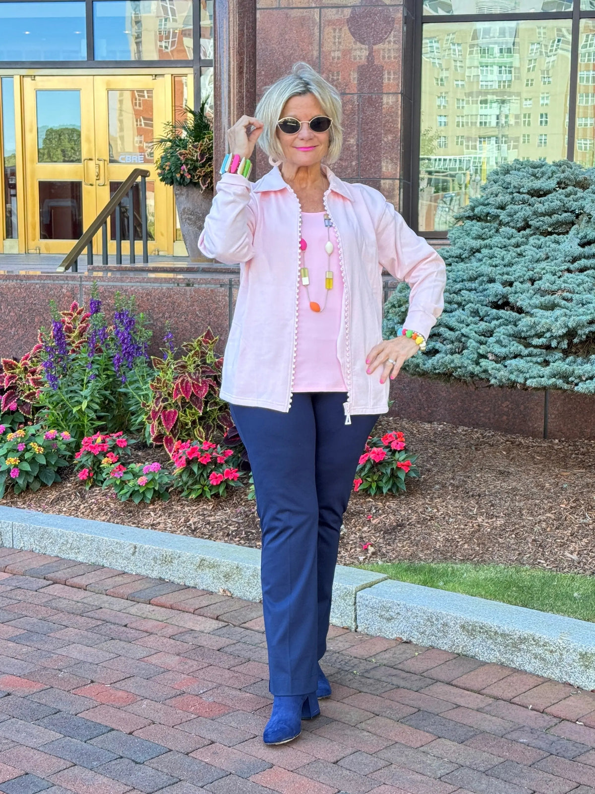 Crystal Zipper Cardigan with Collar Pink