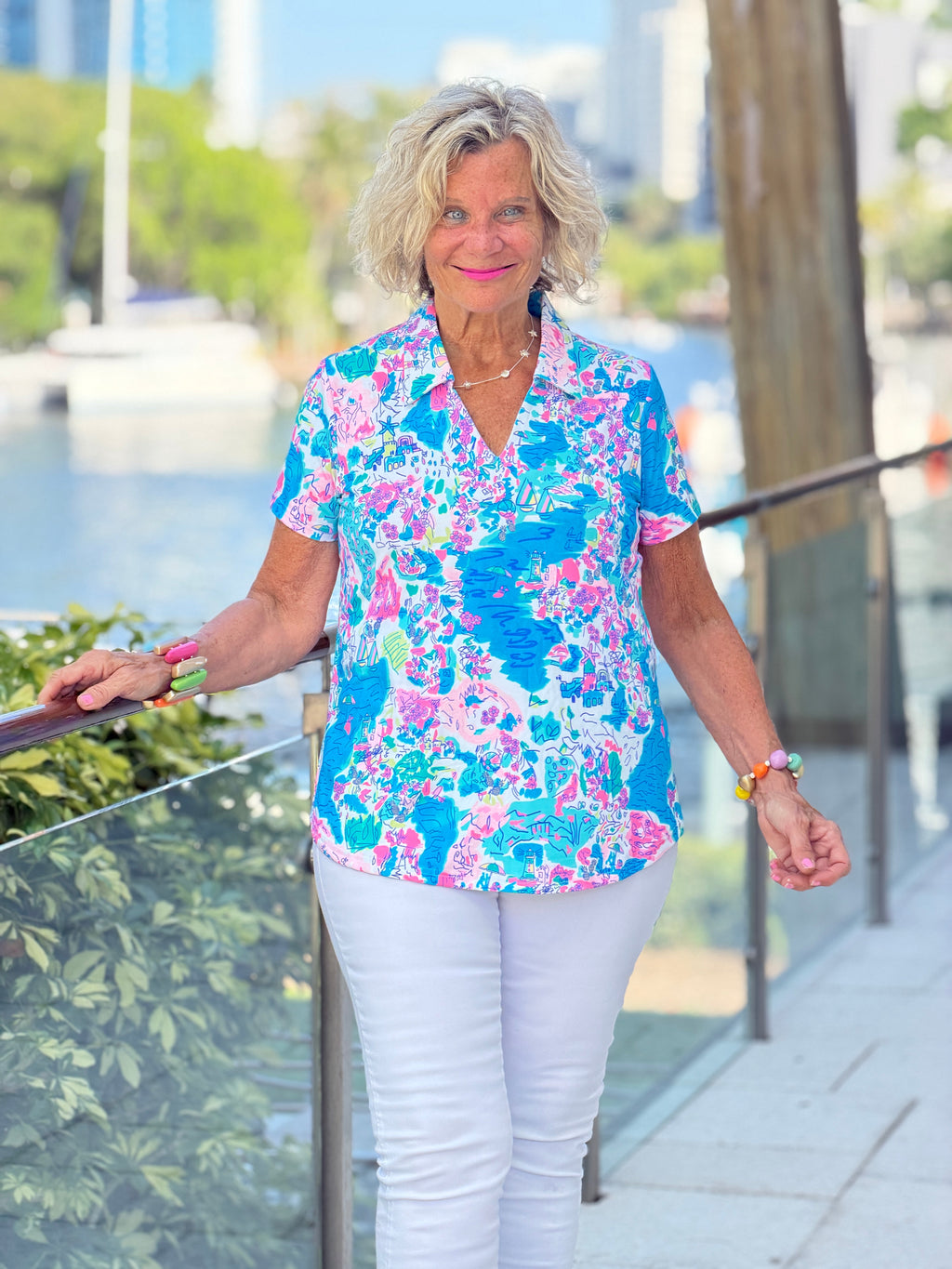 LULU B PALM BEACH SPLASH COLLAR SHORT SLEEVE