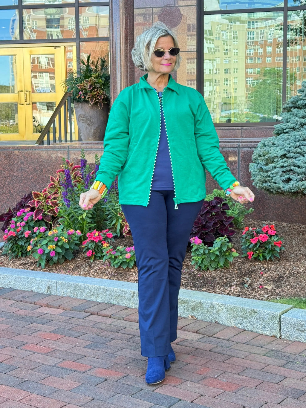 Crystal Zipper Cardigan with Collar Kelly Green