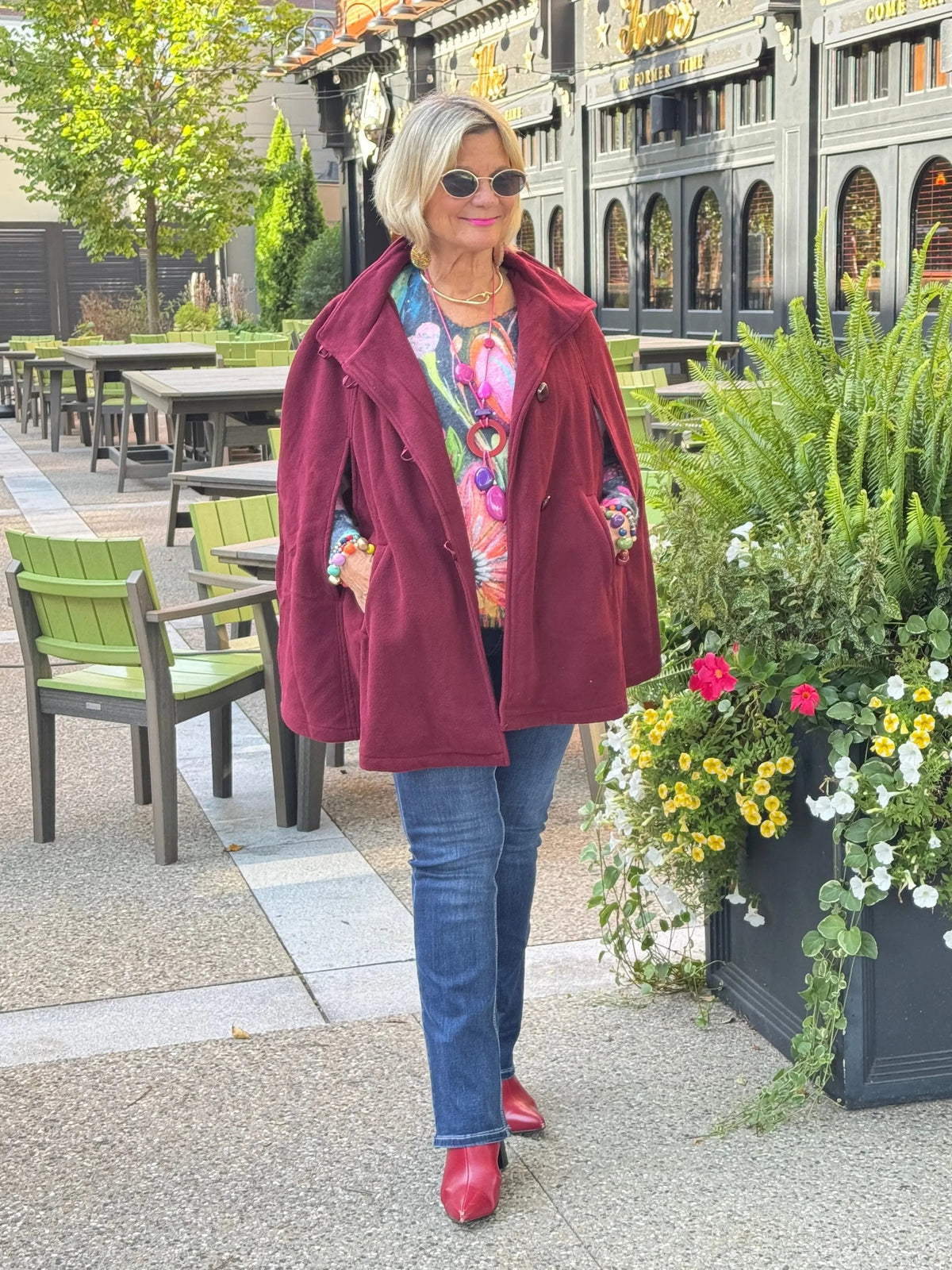 BURGUNDY Womens Cape Poncho Coat