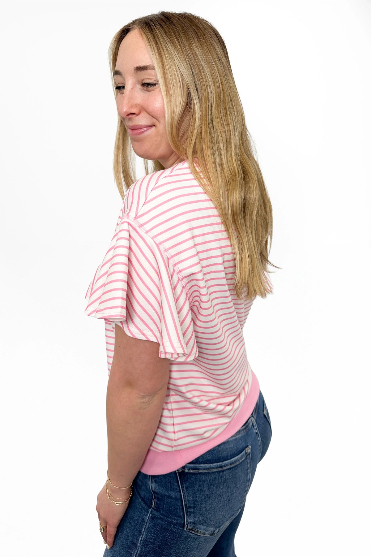 ALB Custom Women's Striped Short Flutter Sleeve Top