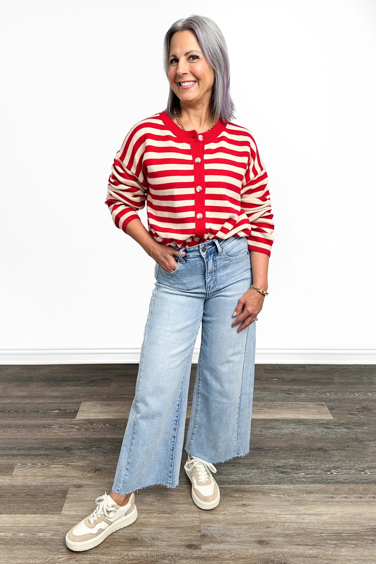 Women's Button Front Striped Cardigan by Ava Lane