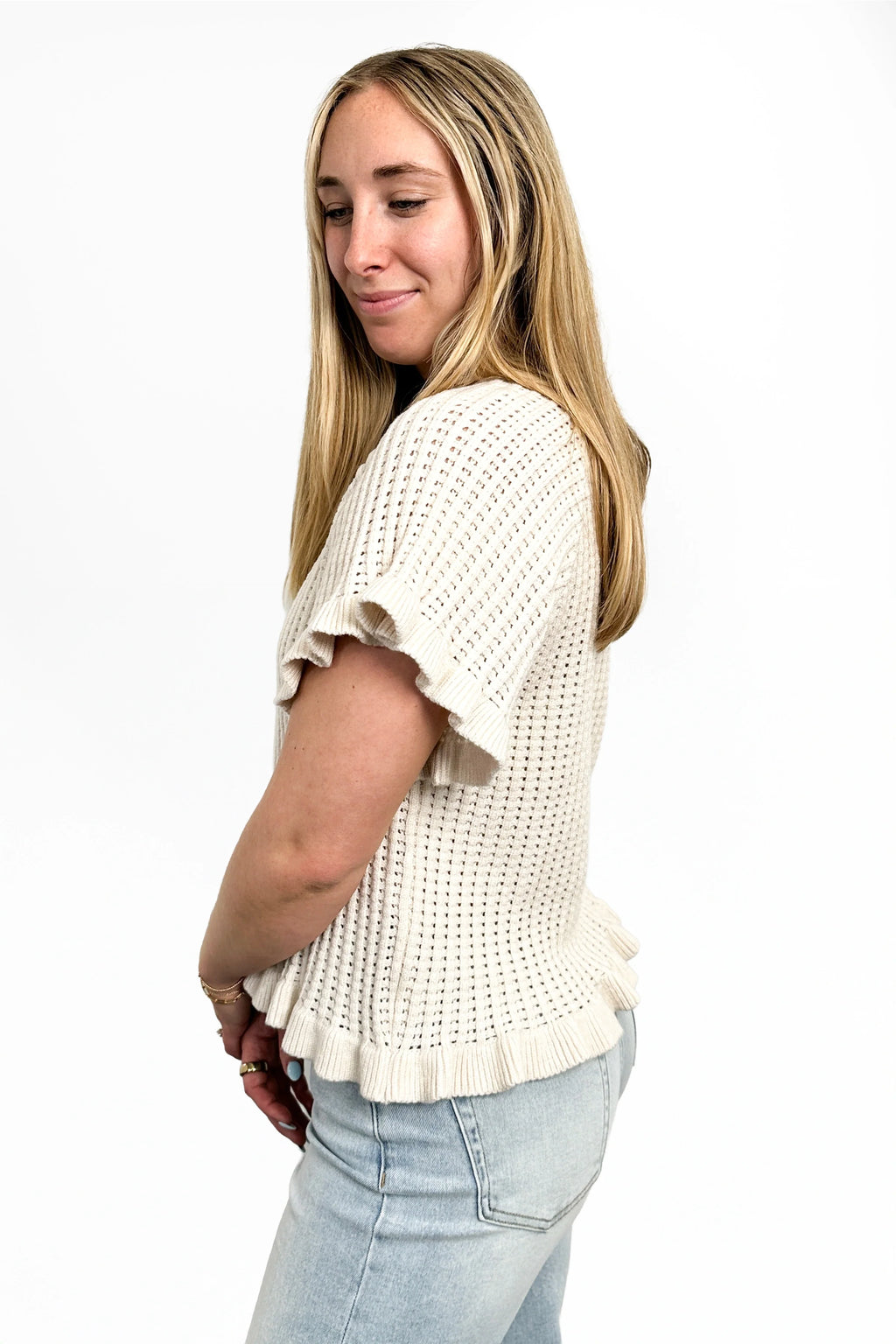 Women's Open Knit Ruffled Hem Short Sleeve Sweater by Ava Lane