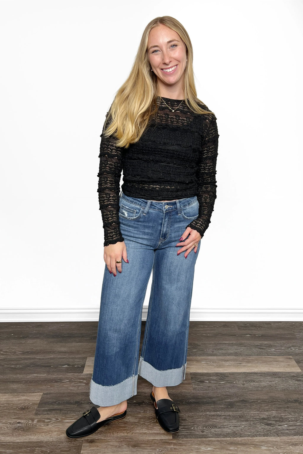 The Leanne High-Rise A Line Wide Leg Cuffed Denim