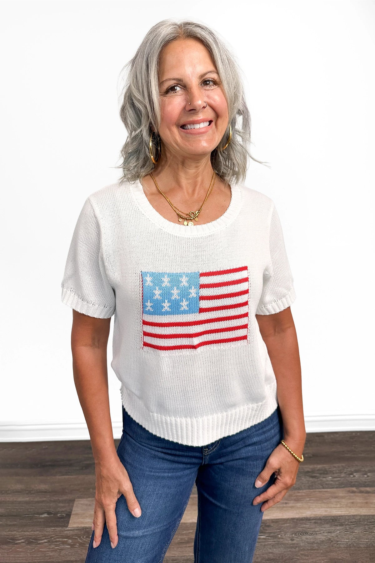 Women's American Flag Short Sleeve Sweater by Ava Lane