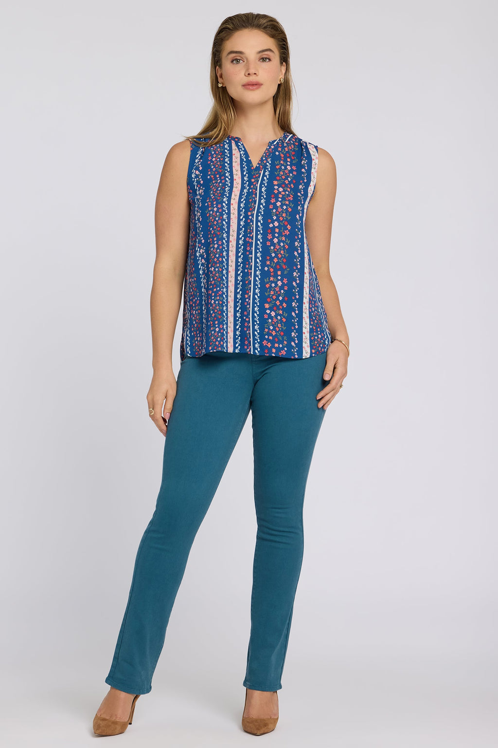 Sleeveless Pintuck Blouse - Floral Ribbons