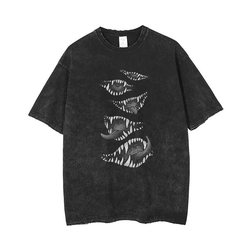 Anime Print Retro Washed Short Sleeved Loose
