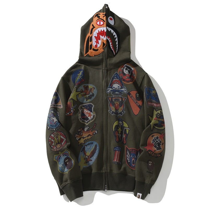 Bathing Ape Hoodie Joint Tiger Head Multi-pattern Printed Shark Hooded Cardigan Zip Sweater Jacket
