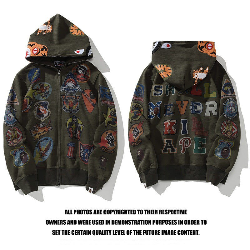 Bathing Ape Hoodie Joint Tiger Head Multi-pattern Printed Shark Hooded Cardigan Zip Sweater Jacket